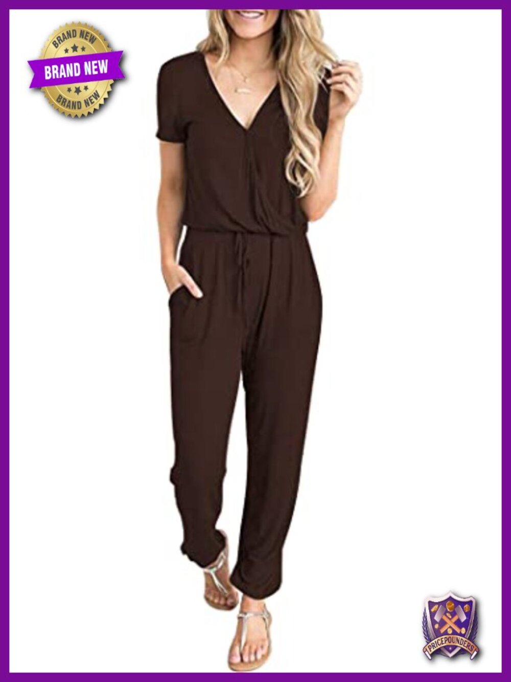 Women's Short Sleeve Wrap V Neck Jumpsuit with Pockets Casual Summer Romper